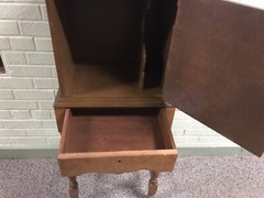 ANTIQUE VTG WOOD RECORD ALMBUM LP STAND CABINET 42.5” TALL X 17 X 12 3/4” DEEP