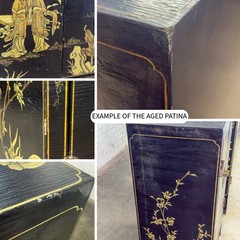 Pair of Japanese Textured Black Lacquer Chests w/Hand Painted Asian Details