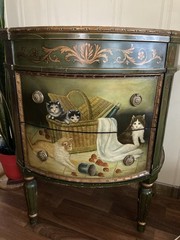 Hand Painted Antique Wood Bedside Cabinet Green Gold Cat Floral Motif 2 Drawers