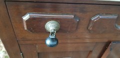 ANTIQUE 19 c. ENGLISH OAK MARBLE TOP STAND DRY CABINET w/ TEAR DROP PULLS