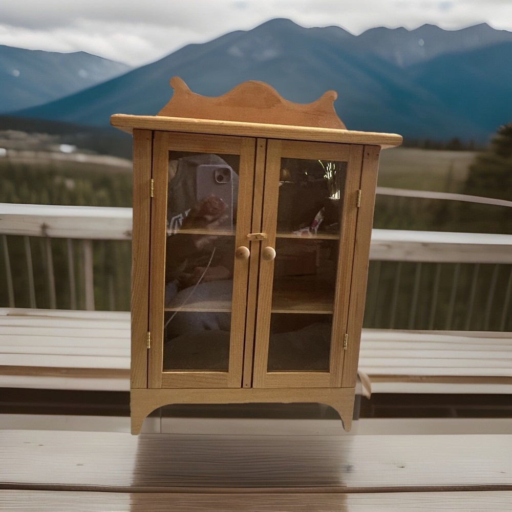 VINTAGE WOODEN HANDMADE SMALL CURIO CABINET WITH GLASS DOORS 18” TALL