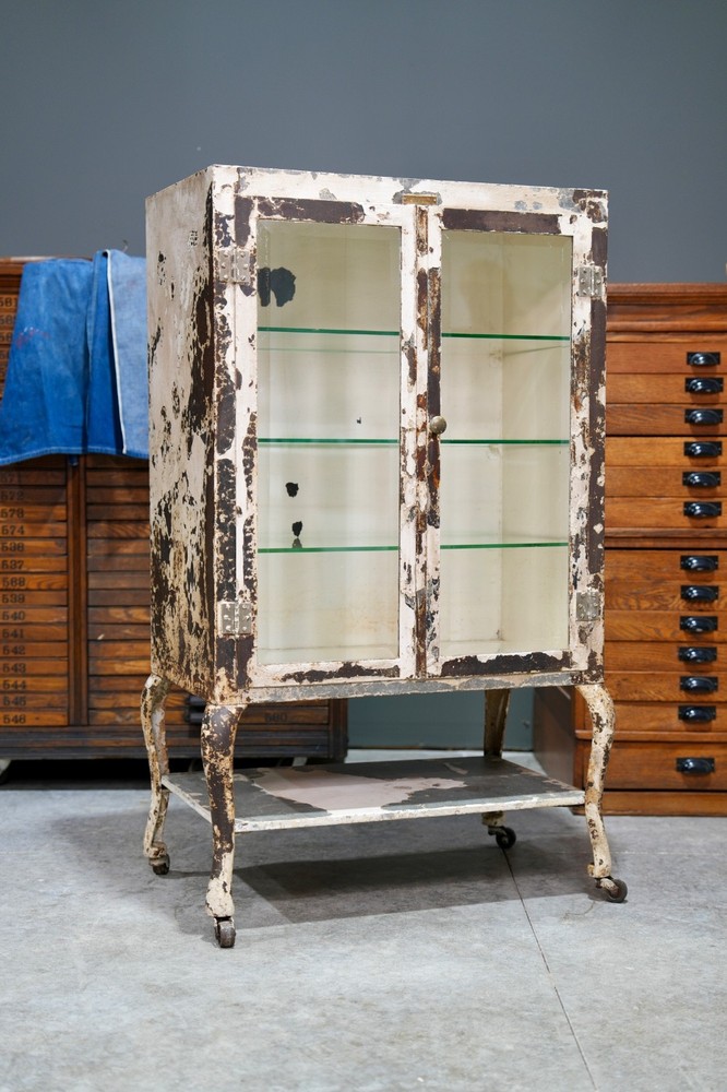 Antique Medical Cabinet Apothecary Industrial Metal glass Display Case Vintage