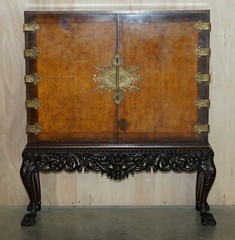 ANTIQUE BURR WALNUT LION HAIRY PAW FEET DRINKS CABINET WILLIAM & MARY STYLE