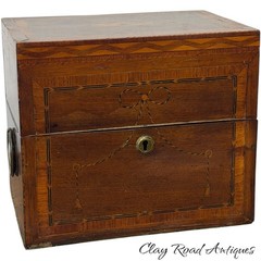 Antique Federal regency liquor box tantalus mahogany inlaid fan gilt bottles