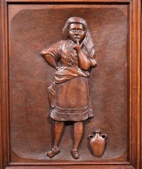 Antique French Cabinet Highly Carved Chestnut Wood w/Boy Girl and Bird (Macaw)