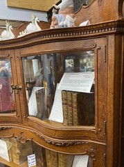 Antique Oak Display Corner Cabinet W/ Beveled Mirror, Serpentine Wave Glass