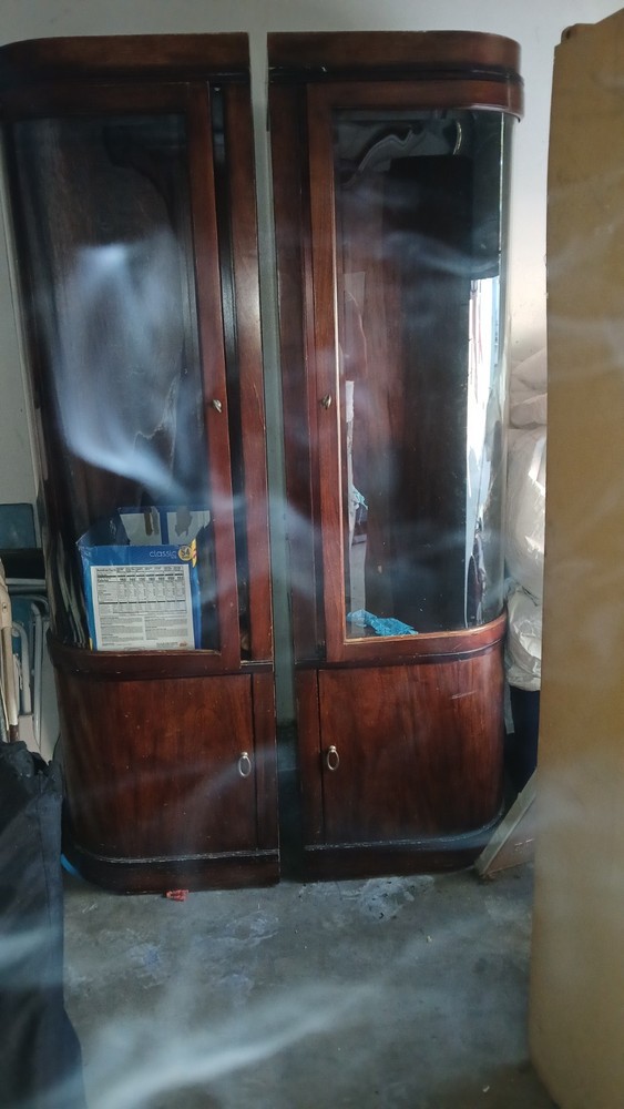 Antique Wood and Glass Display Cabinets Pair with Glass Doors, Brown Stained