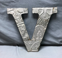 Decorative Salvage Tin Ceiling 16″ Patchwork Silver Metal VTG Letter V 1800-24B