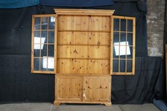 Rare English Knotty Pine Shallow Glazed Glass China Display Cabinet Cupboard 95″
