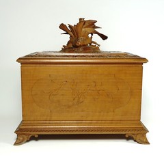 Antique Swiss Black Forest Hand Carved Wood Cigar Cabinet Box, Birds