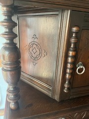 Tomlinson 1930s/40s Jacobean Revival Gothic Carved Romano Oak Court Cupboard