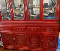 Vintage Chinese Red Lacquer Carved Lighted China Cabinet / Curio Hutch