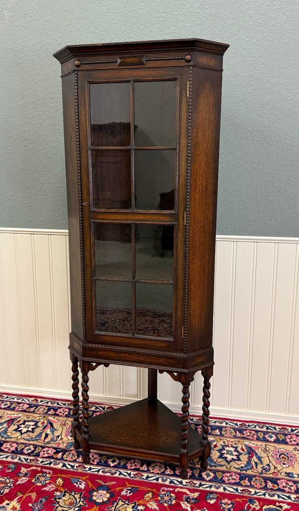 Antique English Jacobean Corner Cabinet Barley Twist Legs Glass Door Oak 1920s