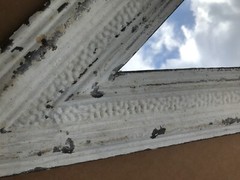 VTG Salvaged Triangle. 16X32 Shabby White Tin Ceiling Wrapped Mirror Old 153-25B