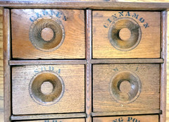 Antique Stenciled Wooden Oak Wall 8 Drawer Spice Cabinet Cupboard 18″x11″x5″