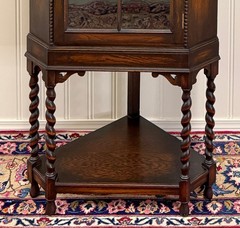 Antique English Jacobean Corner Cabinet Barley Twist Legs Glass Door Oak 1920s