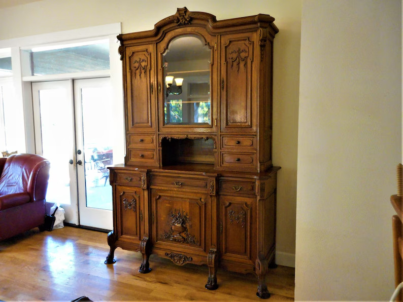 Antique French Renaissance Ornate Carved Oak Botanical Cabinet Cupboard