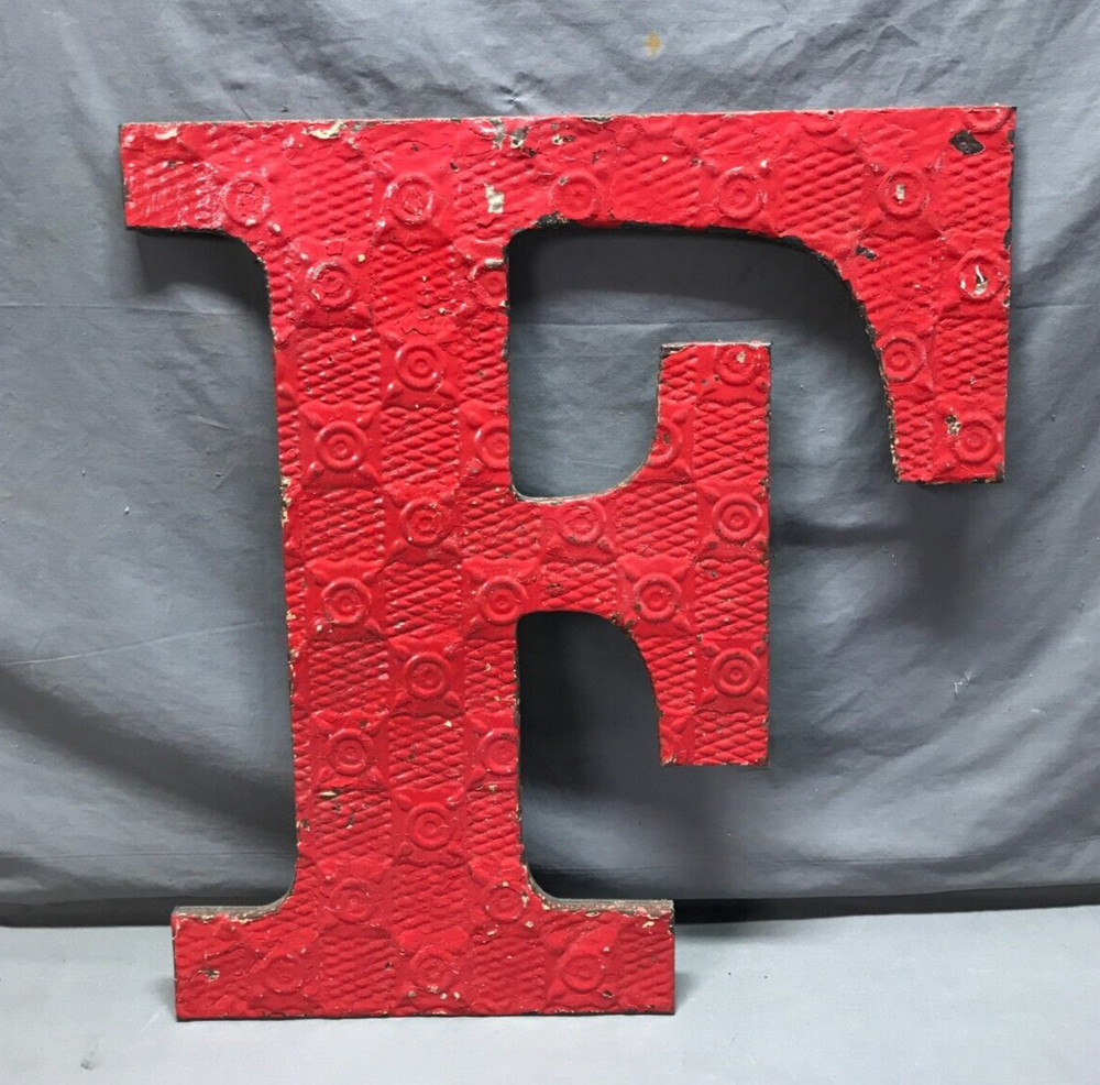Decorative Salvage Large Tin Ceiling 24″ Red Metal F VTG Letter Old 311-25B