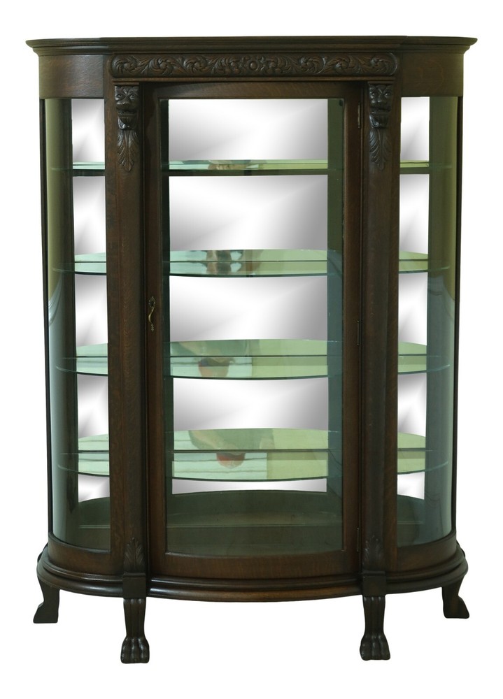 F32950EC: Antique Victorian Oak Lion Carved Bow Front China Cabinet