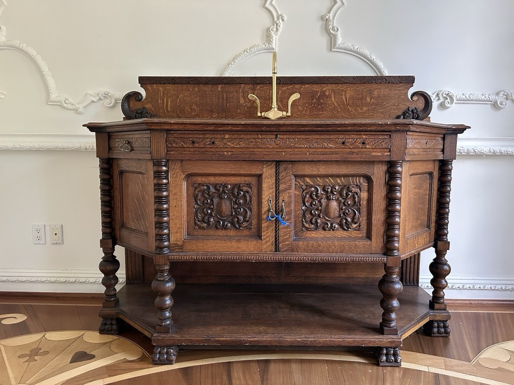 Antique Carved Wood & Brass Cabinet, 2 Doors/Drawer/Shelf, 26x65x38