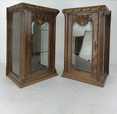 Pair Exquisite Antique Cabinets Beveled Glass hand carved Wood gorgeous Display
