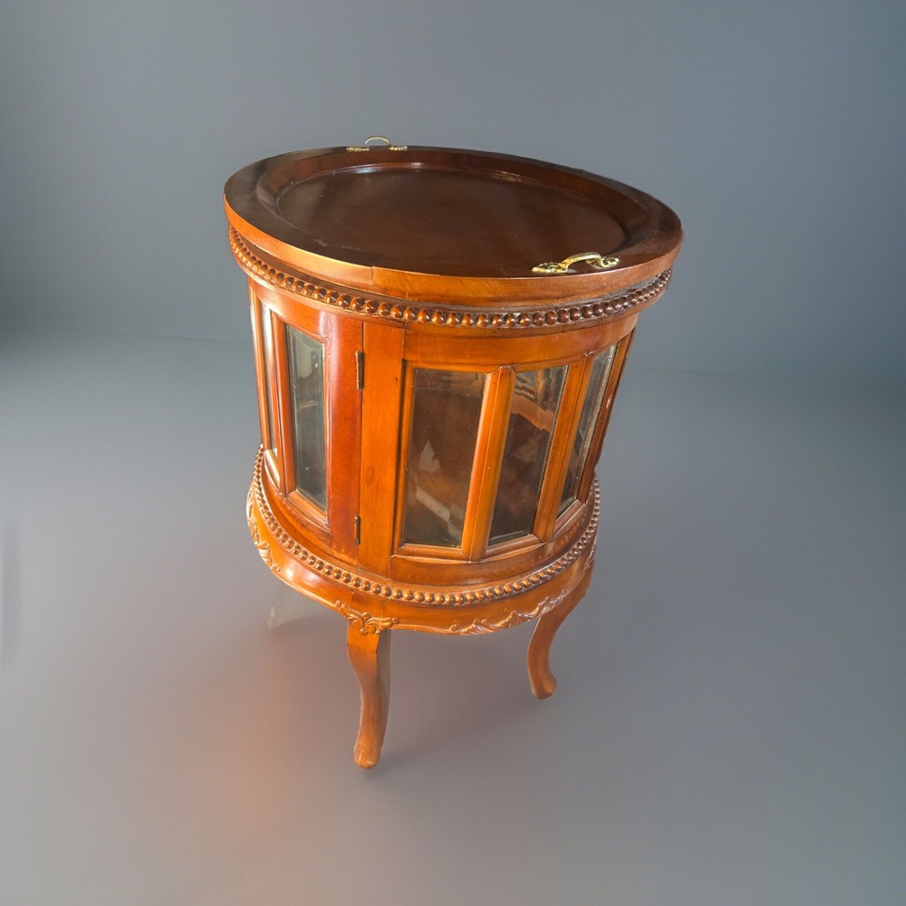 Tea Table End Table Glass Panel Curio Liquor Cabinet Round Side Table Read