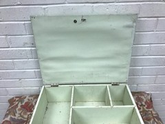 ANTIQUE SHABBY LIGHT GREEN MEDICINE CABINET CUPBOARD W/MIRROR 18 X 14 X 6” DEEP