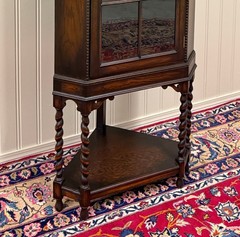 Antique English Jacobean Corner Cabinet Barley Twist Legs Glass Door Oak 1920s