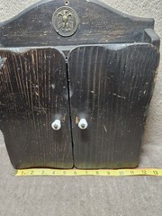 Very Nice MCM Solid Wood Hanging Apothecary Spice Cabinet Vintage Brass Eagle