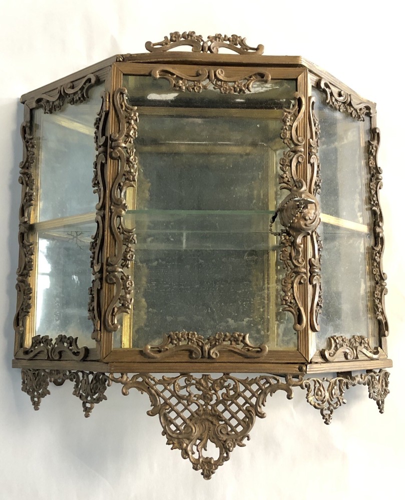 Hollywood Regency Gilt Brass & Glass Rococo Revival Wall Enclosed Display Case
