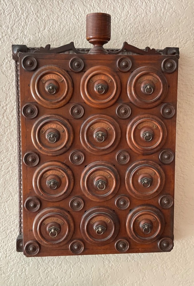 Antique Arts Crafts Unique 12 Drawer Wall Spice Cabinet Copper Labels