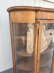 67718 Antique Victorian Oak Lion Head China Cabinet with Curved Glass Doors