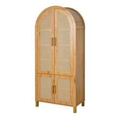 71″ Tall Rattan Cabinet, Arched Doors Adjustable Shelves, Farmhouse Oak