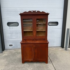 Antique Primitive 19th c. Kitchen Cupboard Red Stepback Hutch Cabinet Farmhouse