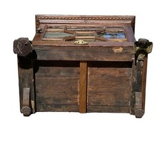ANTIQUE GEORGE III OAK SPECIMEN OR VALUABLES CABINET WITH LION’S HEAD MOUNTS