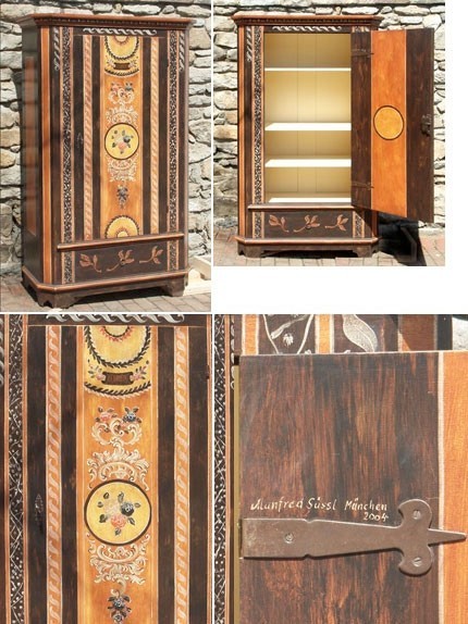 Handcrafted German Vintage Antique Style Wooden Cabinet with Floral Motif