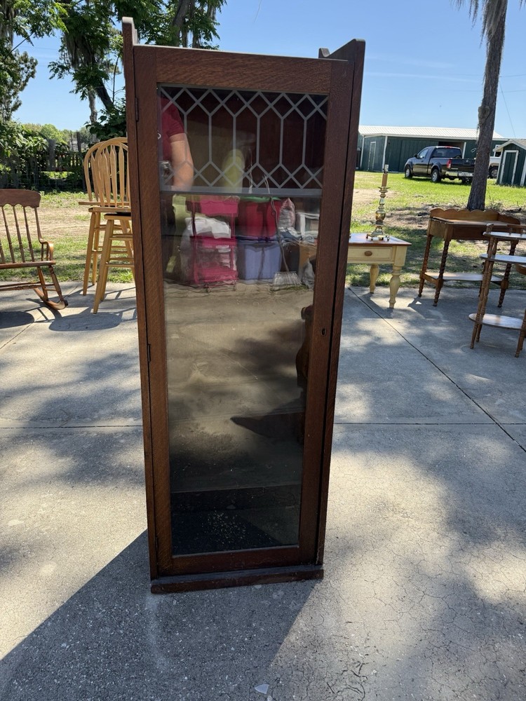 Antique Wooden Cabinet with Glass Door, 3 Shelves, Stained Brown, Original
