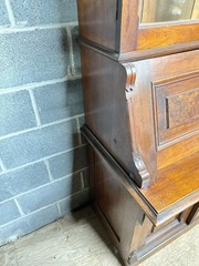 Antique Victorian Burl Walnut Bookcase Cabinet Cupboard Desk With Keys 2pc