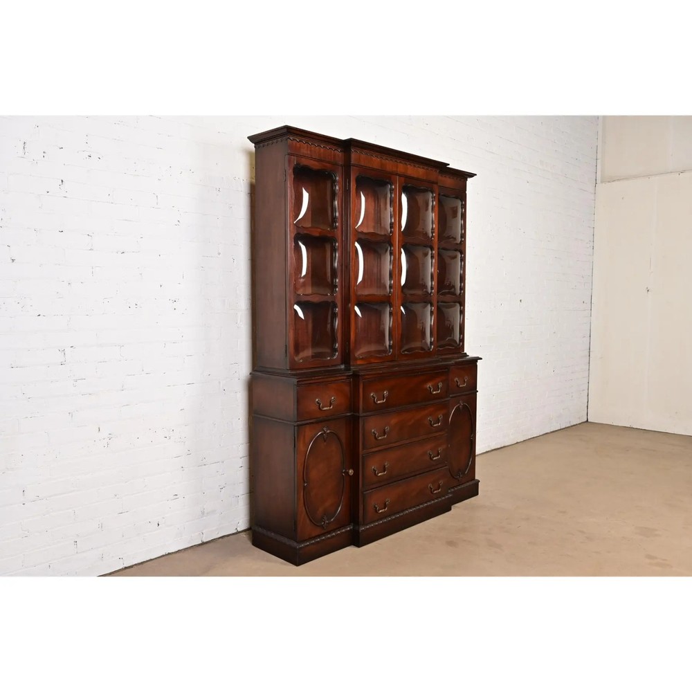 Baker Furniture Style Georgian Mahogany Bubble Glass Breakfront Bookcase Cabinet