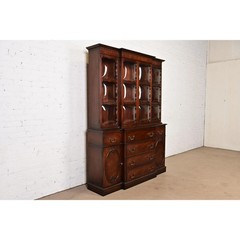 Baker Furniture Style Georgian Mahogany Bubble Glass Breakfront Bookcase Cabinet