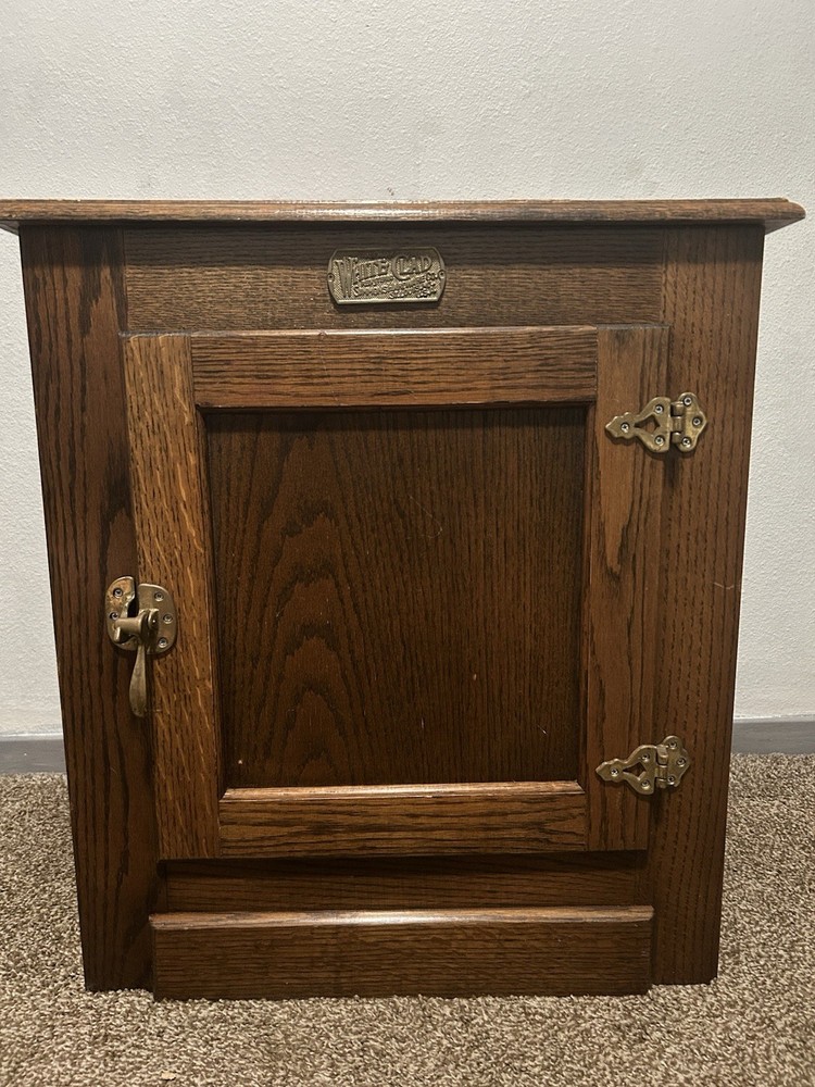 Vintage WHITE CLAD Simmons Oak Wood Ice Box Nightstand Cabinet Chest End Table