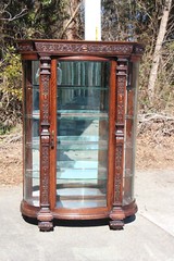 Victorian Heavily Carved Tiger Oak Bow Front China Display Cabinet Horner Flint