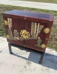 Vintage Hand Painted Red Lacquer Asian Oriental Cabinet Table Made in Spain