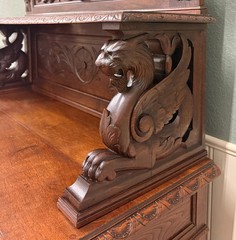 Antique French Renaissance Revival Hunt Buffet Server Sideboard Dark Oak 19C