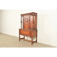 Antique English Jacobean Carved Oak Bar Cabinet, Circa 1920s