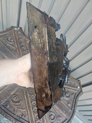 Antique carved Black Forest wood wall corner cabinet bear hunter litho