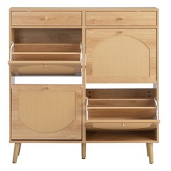 Rattan-front shoe cabinet with 2 drawers and 4 flip-down compartments