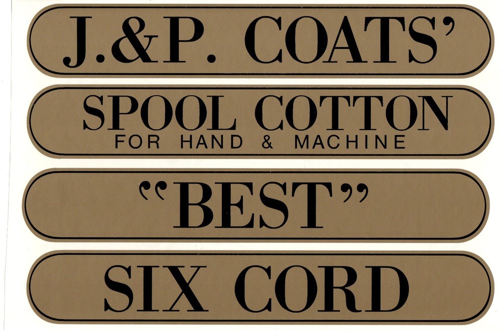 J & P COATS SPOOL CABINET LABEL 4 PIECE SET / Black on Gold 10 1/4 X 1 5/8