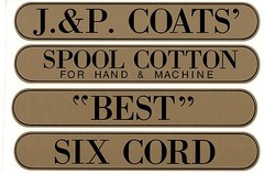 J & P COATS SPOOL CABINET LABEL 4 PIECE SET / Black on Gold 10 1/4 X 1 5/8