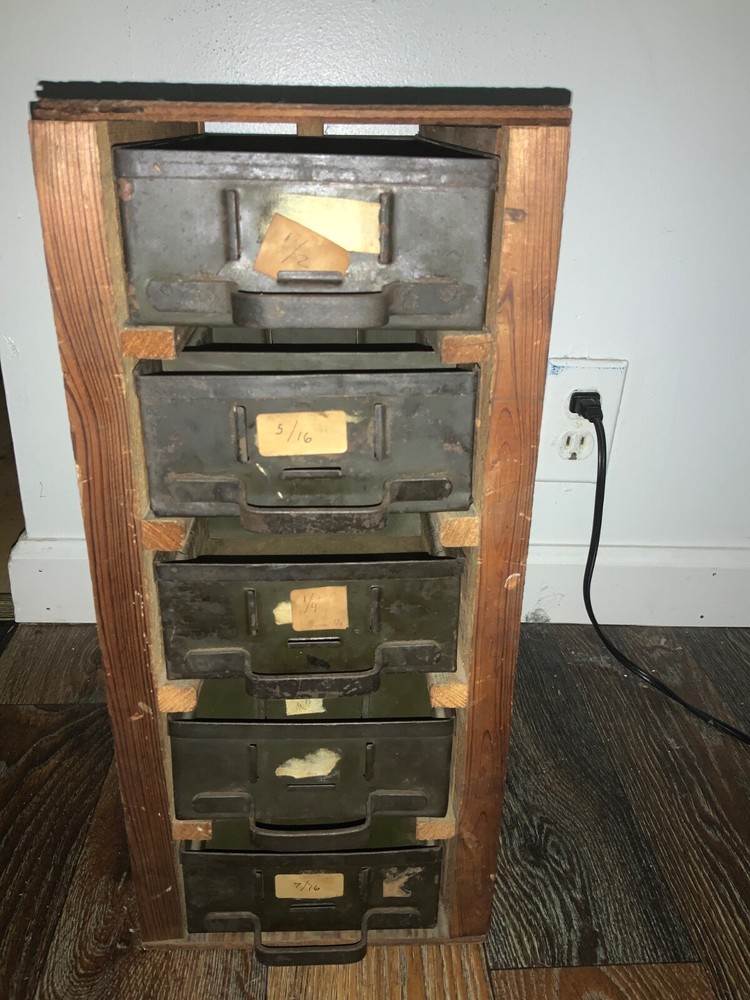 Antique wood 5 Green drawer Cabinet tool file box Vintage 18’’ tall 12’’ depth